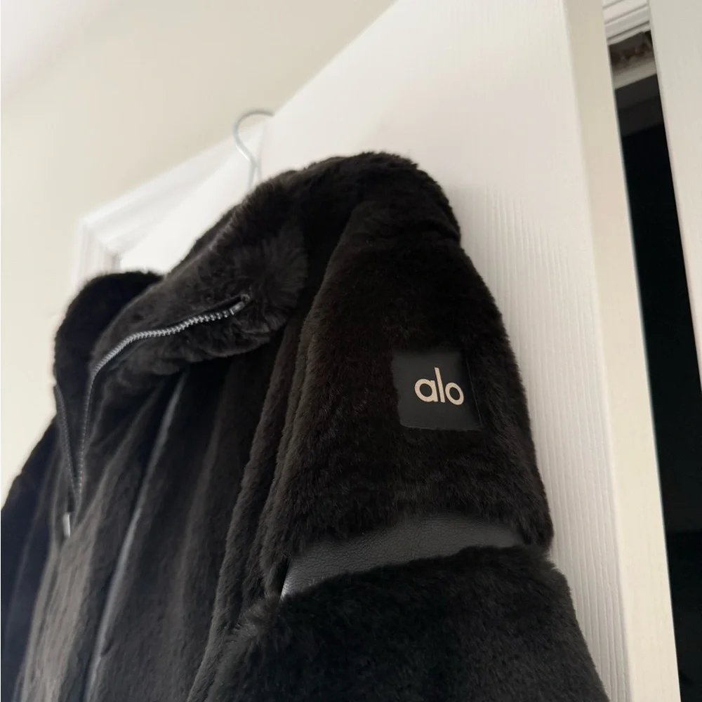 ALO Yoga Knock Out Faux Fur and Leather Hooded Oversized Jacket Coat Black